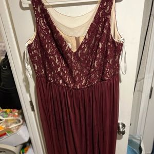 David’s bridal bridesmaid dress, maroon, mesh overlay on chest